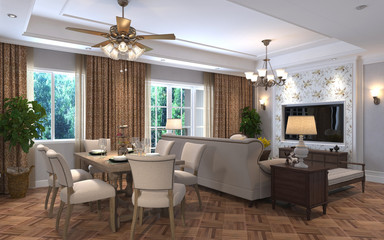Living room interior in american style 3D illustration