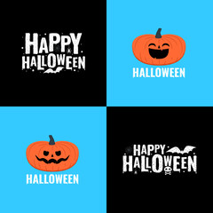 Happy halloween emblems. Pumpkins with funny faces and lettering composition for banner, poster, card, party invitation. Vector illustration