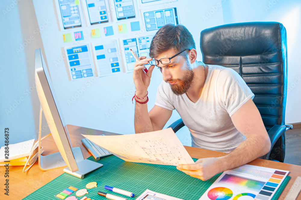 Poster control designer work. creation of design for applications. head of the design team. mobile app desi