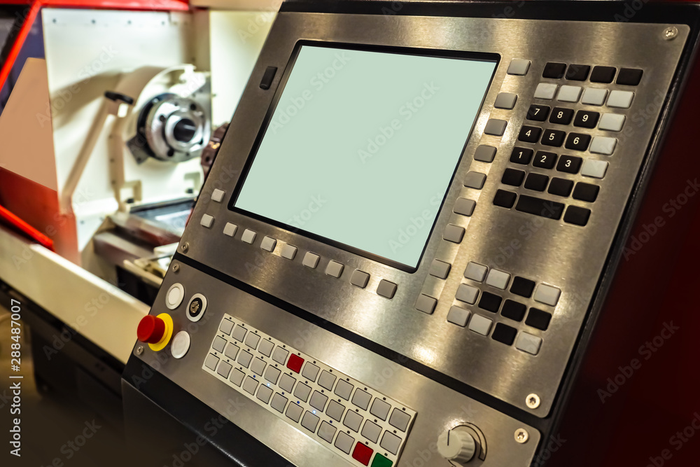 Poster cnc equipment. the control panel of the machine. computer management in industry. modern turning equ