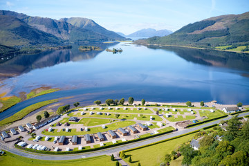 Caravan camping park site in Invercoe near Glencoe aerial birdseye view in the Highlands Scotland 