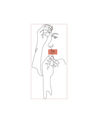 Abstract Modern Art Minimal One Line Face. Simple Design For Poster, Card, Flyer, Logo. Hand Drawn Doddle Illustration In Cubism Trendy Style. Contemporary art. Funny surrealistic portrait of woman