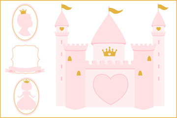 Light rosy pink and gold Princess castle illustration for decoration Invitation card. Happy Birthday backdrop banner. Party celebration. Printable baby shower photo frame. Girl silhouette. Text place © Alona Khadzhyoglo