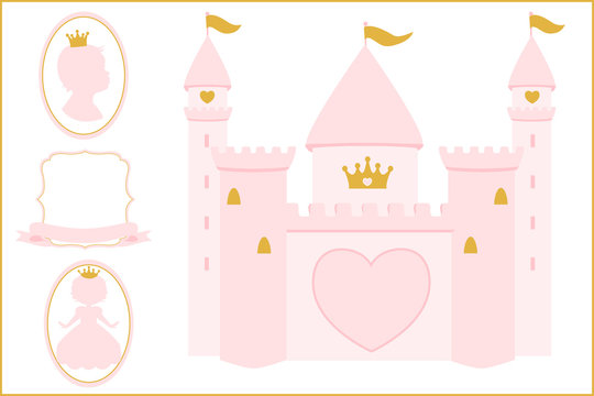Light rosy pink and gold Princess castle illustration for decoration Invitation card. Happy Birthday backdrop banner. Party celebration. Printable baby shower photo frame. Girl silhouette. Text place