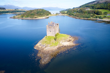 Fototapeta na wymiar Castle stalker at Port Appin in Argyll and Bute Highlands Scotland aerial birdseye view from above