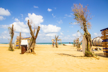 Gold yellow beach and clean blue sky, summer vacation concept photo. It's took at 