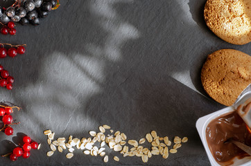 Obraz na płótnie Canvas Oatmeal cookies on a dark background top view flat lay