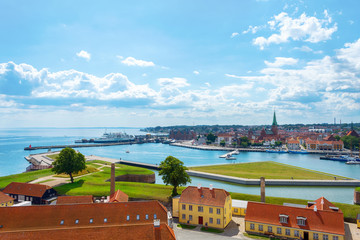 Beautiful view of Helsingor architecture. Blue cloudy sky, sunny day. Denmark Landmarks