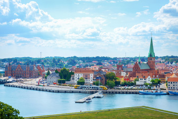 Beautiful view of Helsingor architecture. Blue cloudy sky, sunny day. Denmark Landmarks