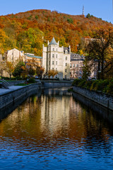 View of the famous spa city-Karlovy Vary. Thermal spa in Karlovy Vary. Sunny autumn day. Czech...