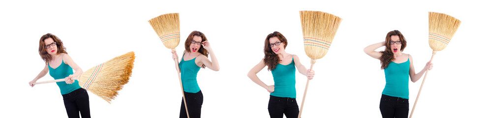 Young woman with broom on white