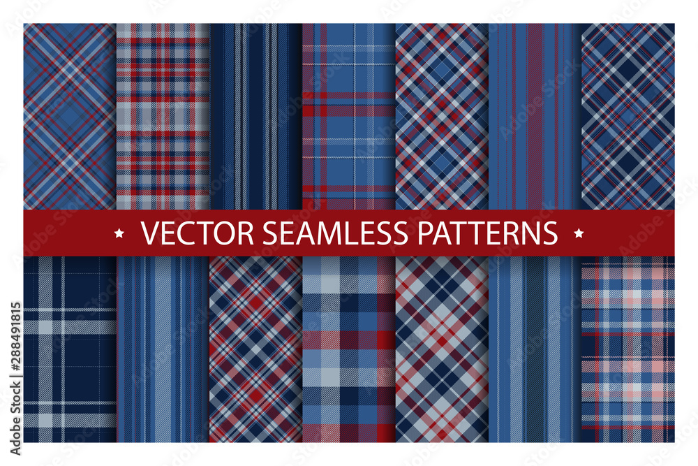 Poster Set plaid pattern seamless. Tartan patterns fabric texture. Checkered geometric vector background. Scottish stripe blanket backdrop