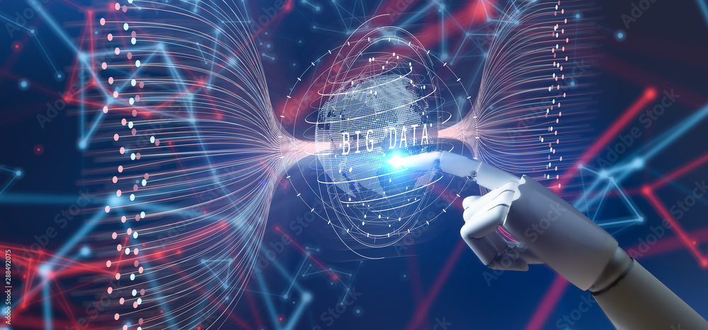 Poster robot hand of pointing network connection, wireless connection futuristic, business,big data exchang