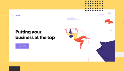 Obraz na płótnie Canvas Jump to Success, Career Boost Website Landing Page. Businesswoman Pole Vaulting on Top of Mountain with Flag on Peak. Leadership Business Competition Web Page Banner. Cartoon Flat Vector Illustration