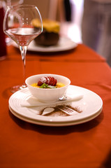 Tasty dessert with berries on dinning table