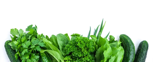 Printed kitchen splashbacks Fresh vegetables fresh green vegetables and herbs border on white background