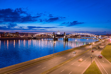 Obraz premium Russia. Panoramic view of the night St. Petersburg. Bridges Of Petersburg. Bolsheokhtinsky bridge. Peter The Great Bridge. Rivers Of St. Petersburg. The Petersburg road. White night.