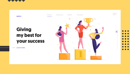 Office Workers Victory, Business Growth Website Landing Page. Happy Business Women Colleagues Posing on Winners Pedestal with Trophy Cup and Gold Star Web Page Banner. Cartoon Flat Vector Illustration