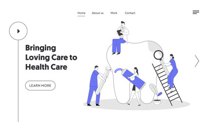 Stomatology ans Dentistry Website Landing Page. Dentists Cleaning, Treating Unhealthy Tooth Plaque and Caries Hole. Doctors Working Together, Brushing Web Page Banner. Cartoon Flat Vector Illustration
