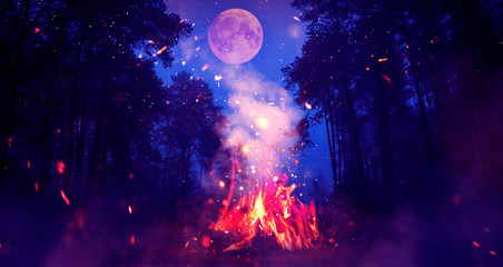 Night forest, landscape. Bonfire in the forest, big moon. Moonlight neon