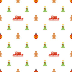 christmas and new year vector seamless pattern with color flat icons and merry christmas lettering on white background. repeating texture for packaging, pattern on paper, wrappers and textile