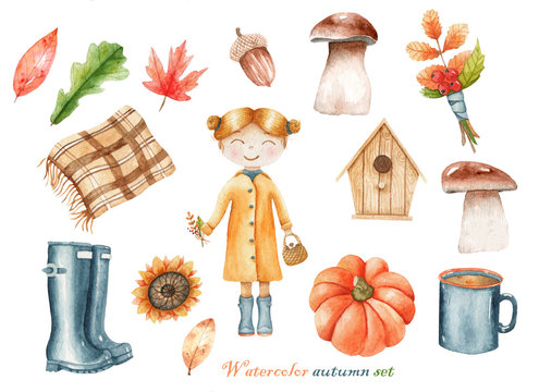 watercolor set of illustrations about autumn with a girl in a raincoat