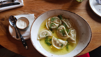 Dumplings, filled with mashed potatoes and liver. Russian, Ukrainian or Polish dish: varenyky, wareniki, pierogi, pyrohy.
