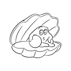 Black Line Art Shell and Pearl Cartoon on a White Background