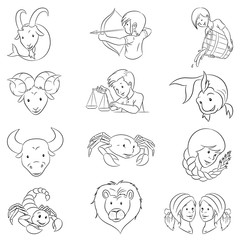 Black Line Art Zodiac Signs isolated on a White Background