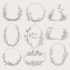 Collection of geometric vector floral frames. Round, oval, triangle, square Borders decorated with hand drawn delicate flowers, branches, leaves, blossom. illustration - 288495248