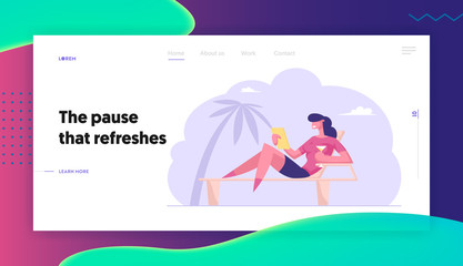 Businesswoman on Tropical Beach Resort with Palms Website Landing Page. Young Woman Sitting on Lounge Reading on Tablet Pc Enjoying Drinking Cocktail Web Page Banner. Cartoon Flat Vector Illustration