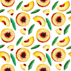 Watercolor illustration of juicy peach fruit pattern set