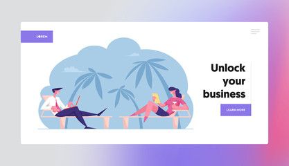 Couple of Businesspeople Characters Sitting on Deck Chairs under Palm Trees on Tropical Island Working on Laptop Tablet and Drink Website Landing Page, Web Page Banner Cartoon Flat Vector Illustration