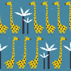 Giraffes and palm trees, hand drawn backdrop. Colorful seamless pattern with animals. Decorative cute wallpaper, good for printing. Overlapping background vector. Design illustration