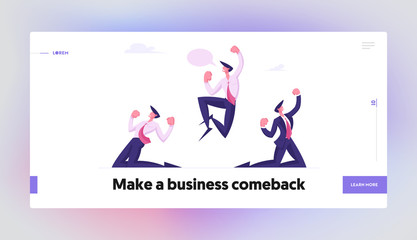 Successful Winners Website Landing Page. Business Team Celebrating Victory in Office. Happy Men Stand on Knees Gesturing with Arms Up and Crying Yeah Web Page Banner. Cartoon Flat Vector Illustration