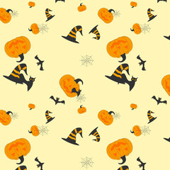 Halloween night pattern on orange background, 2019 in October. Pumpkin, bat, striped hat, cobwebs. Eps10