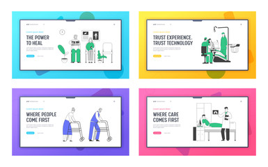 Senior People in Hospital, Stomatology Treatment, Patient in Pulmonology Department Chamber Website Landing Page Set. Health Care and Medicine Concept Web Page Banner. Cartoon Flat Vector Illustration