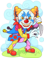 cartoon scary clown monster with knife, funny illustration