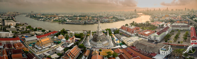 Panorama of Wat Arun Ratchawaram in morning  with curve of chao phraya river , famous sightseeing Bankok ,Thailand