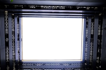 A city business building with high rise skyscrapers and perspective pattern on white sky background