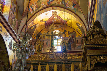 The interior of the Greek Orthodox Monastery of the Transfiguration located on Mount Tavor near...