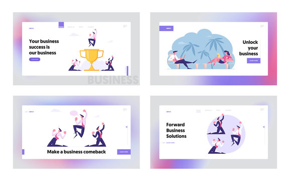 Goal Achievement Success, Freelance and Remote Work Website Landing Page Set. Businesspeople Working on Exotic Beach. Rejoice for Happy Deal Cry Yeah Web Page Banner. Cartoon Flat Vector Illustration