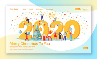 Concept of landing page on theme of celebrating New Year. Small, flat people characters came together. They rejoice, drinking champagne, blowing whistles and give each other presents, launch fireworks