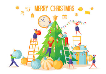 Vector illustration on theme of preparation for winter holidays.  Small flat people characters decorate large, beautiful, green Christmas tree with elegant, bright and colored balls. Hang a garland.