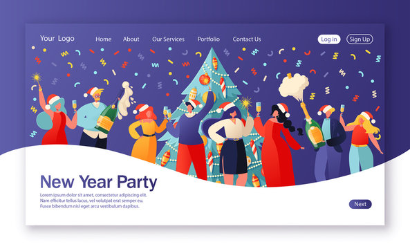 Concept of landing page on winter holidays theme. Website layout with flat people characters celebrating New Year against background of a large beautiful decorated Christmas tree. Party, corporate.