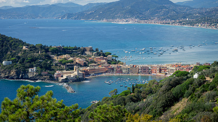 Fototapeta na wymiar Sestri Ponente, Genoa, Italy. Bay of Silence panoramic view from above immersed in nature. 