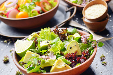 Clay dish with salad of avocado, green and violet lettuce, lamb's lettuce and oregano flowers on...