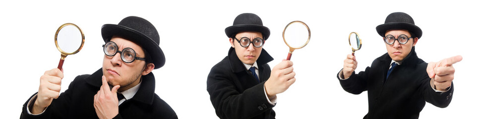 Detective with magnifying glass isolated on white