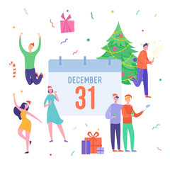 Xmas Party Card or Invitation Poster. People characters dancing, women and men celebrating Merry Christmas and Happy New Year night. Vector illustration