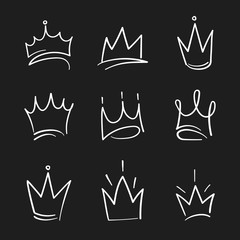 Hand drawn crowns logo set for queen icon, princess diadem symbol, doodle illustration, pop art element, beauty and fashion shopping concept